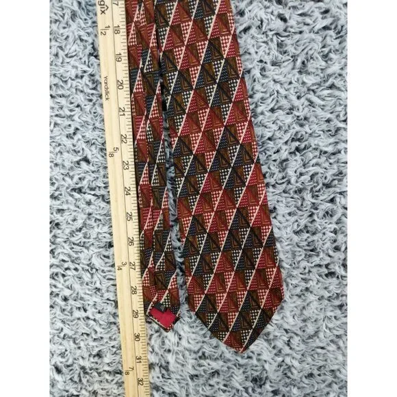 ERMENEGLIDO ZEGNA Tie 100% Silk Italy Classic 60 Red‎ Brown Geometric Rectangle